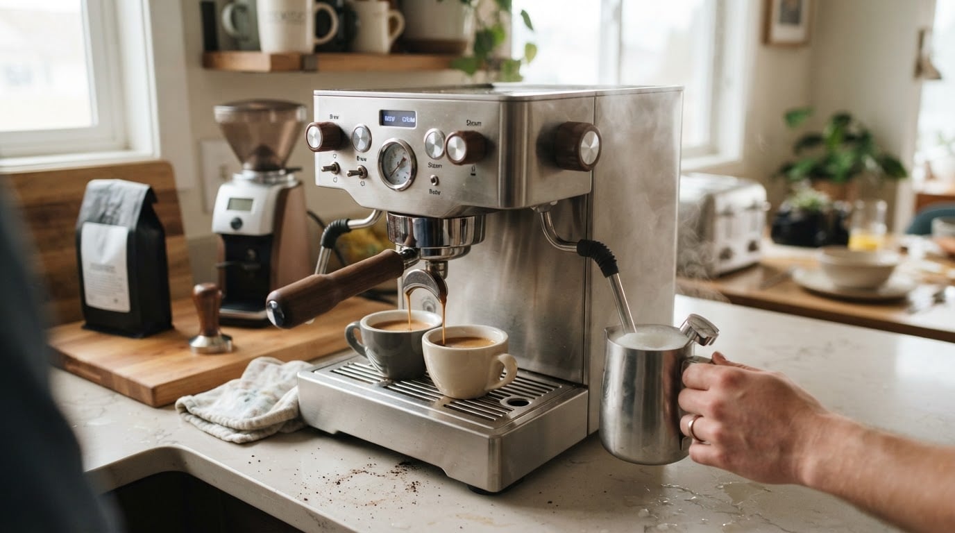 Editorial illustration for best dual boiler espresso machine.
