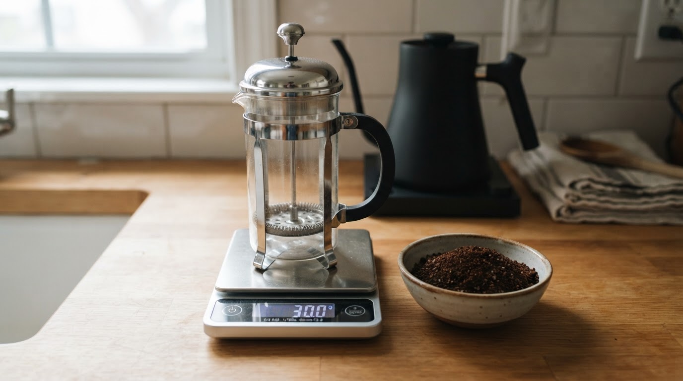 Editorial illustration for french press coffee ratio.