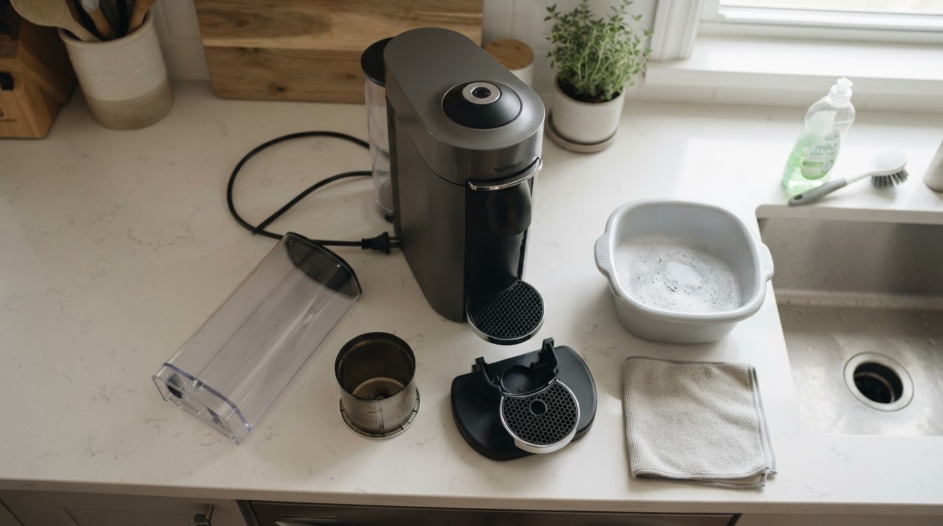 Editorial illustration for how to clean nespresso vertuo.