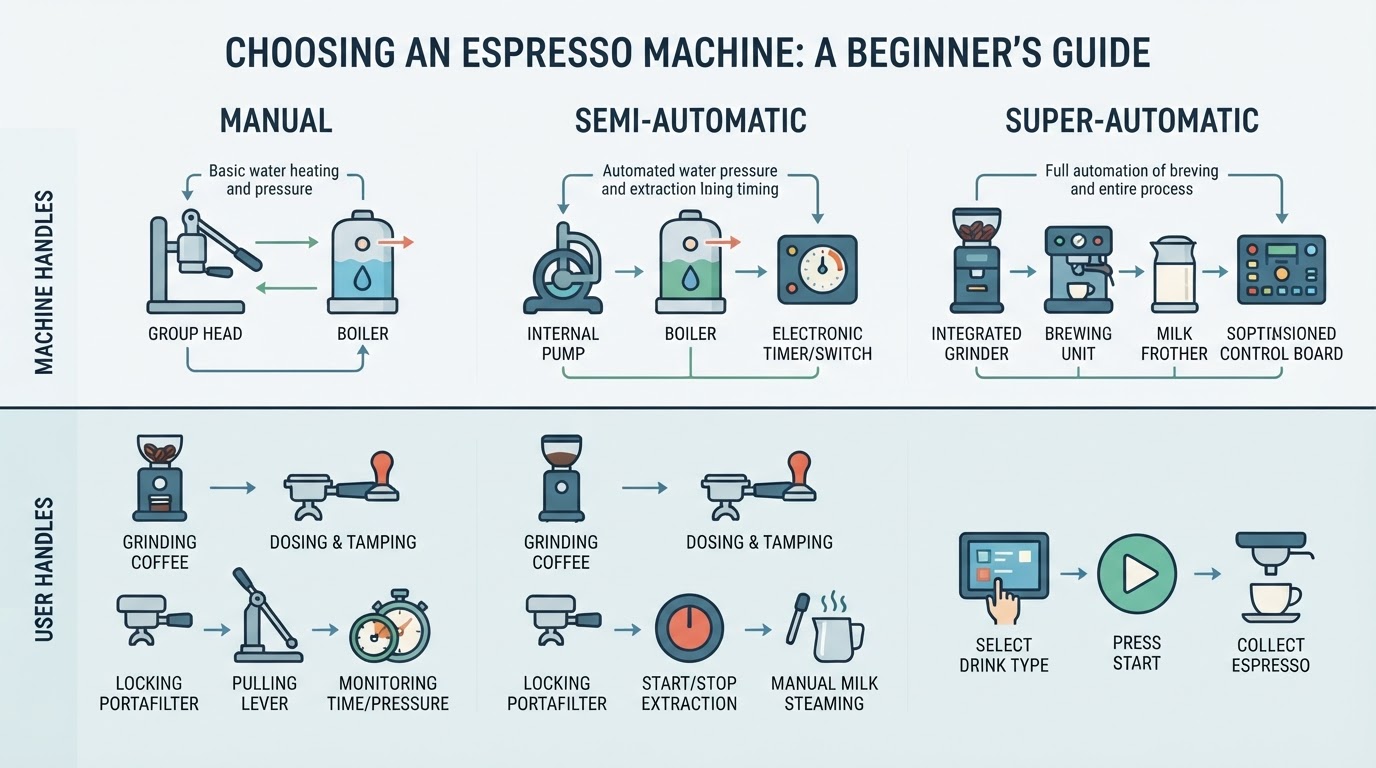 Workflow diagram for best espresso machine for beginners.
