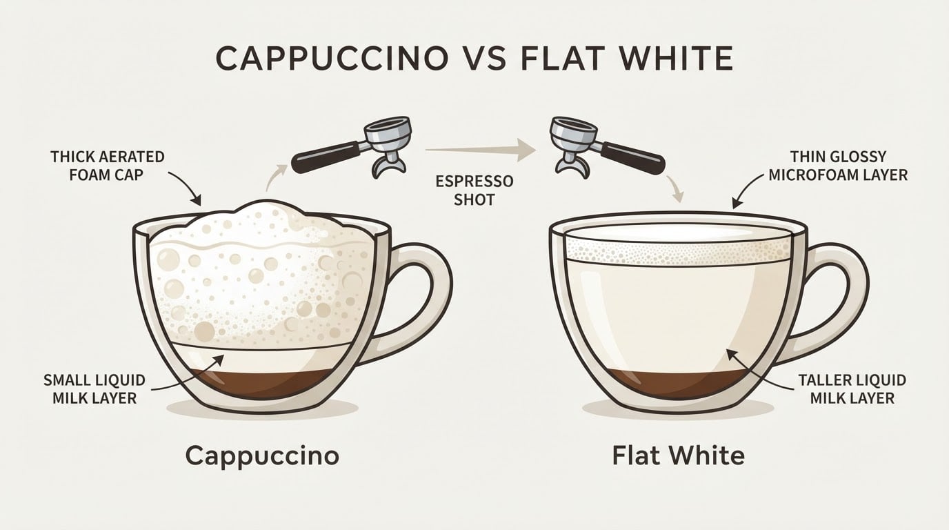 Workflow diagram for cappuccino vs flat white.