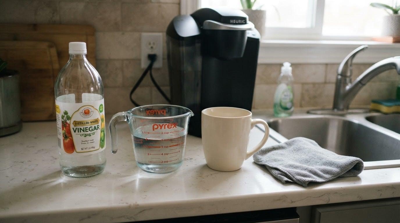 Editorial illustration for how to clean keurig with vinegar.