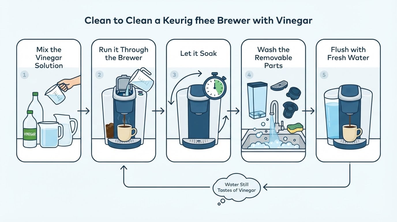 Workflow diagram for how to clean keurig with vinegar.