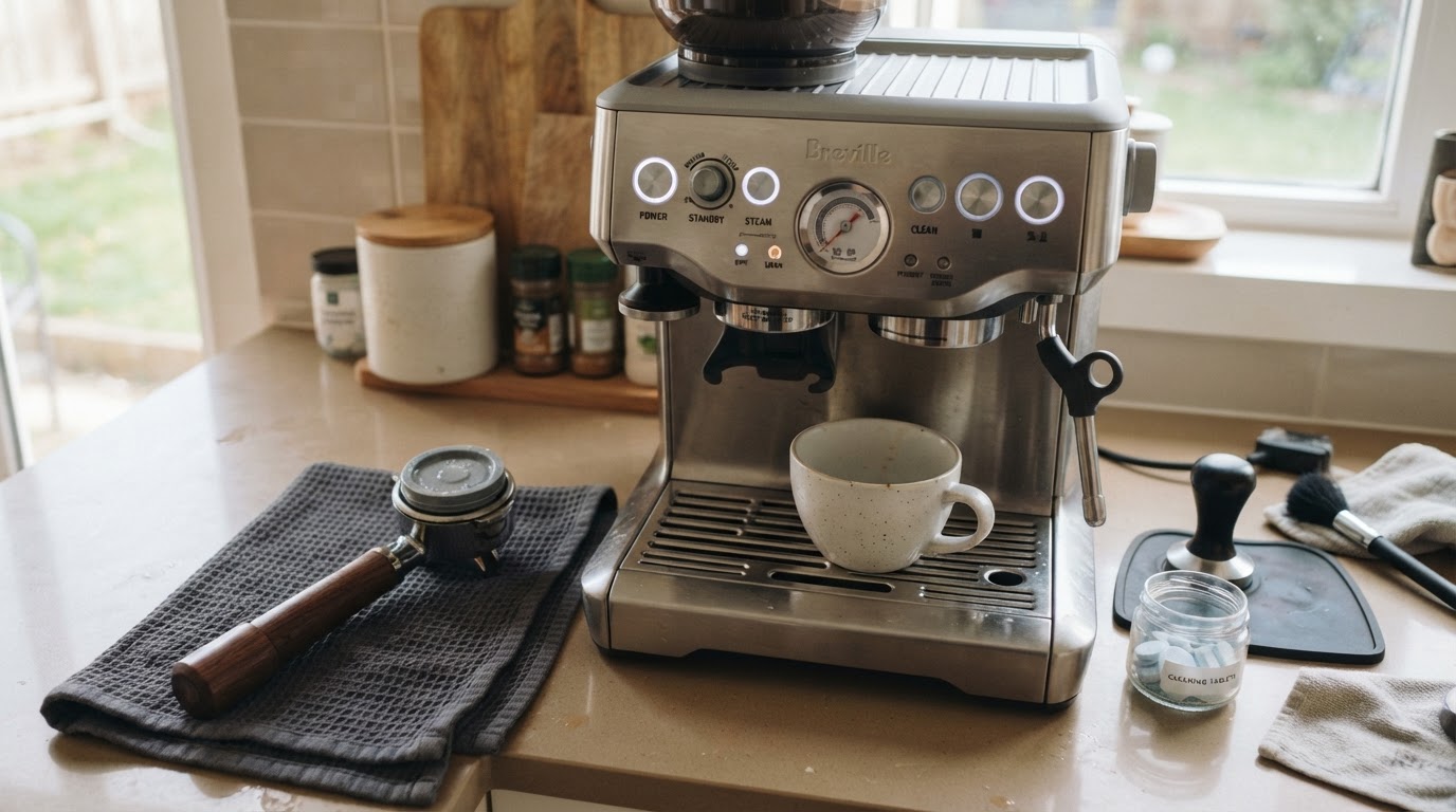 Editorial illustration for breville barista express low pressure after cleaning.