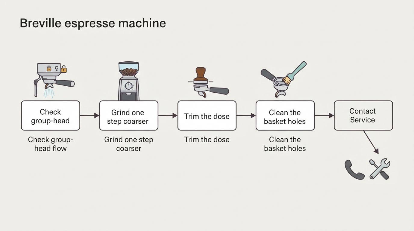 Workflow diagram for breville espresso machine pressure too high.