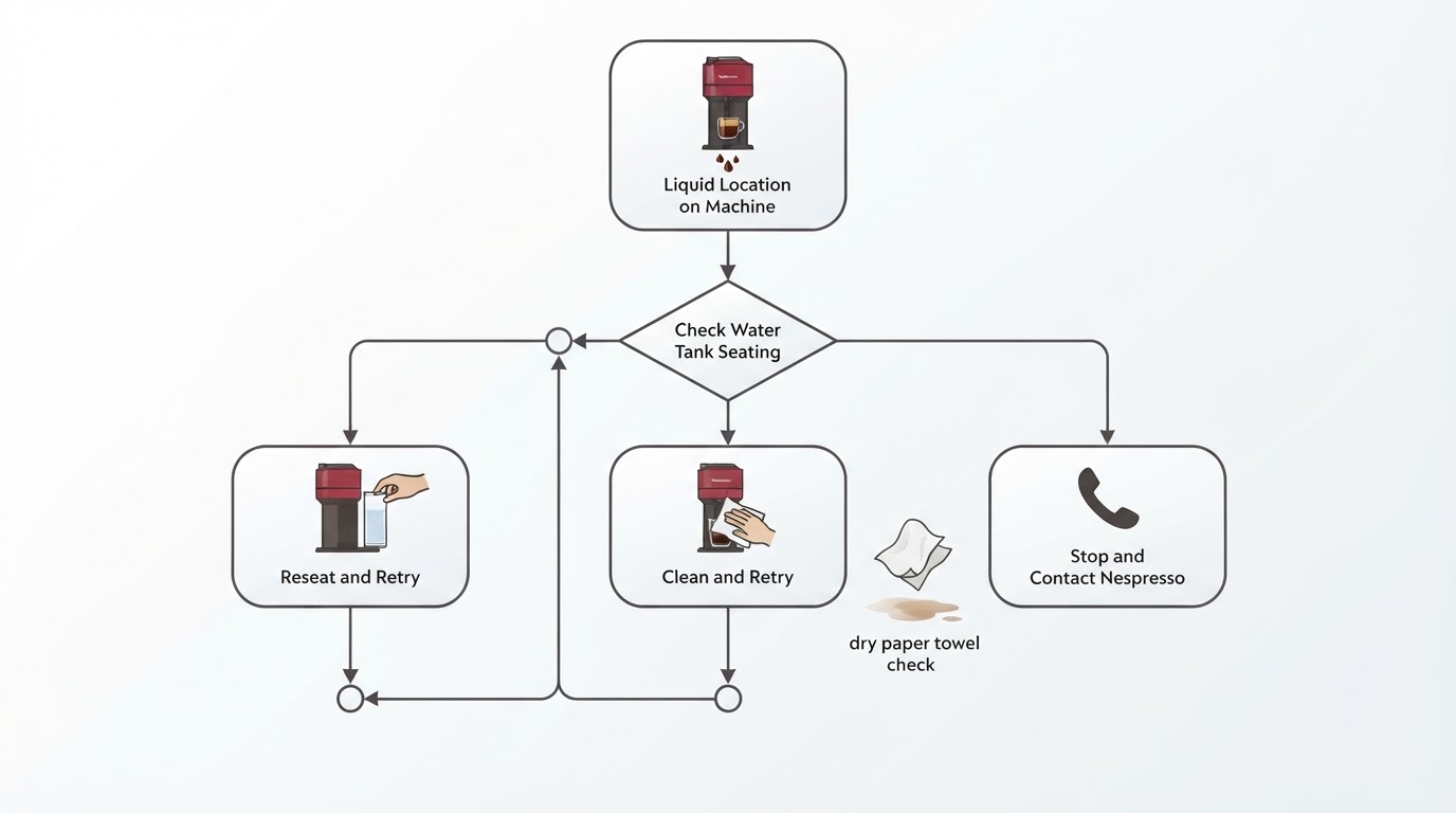 Workflow diagram for nespresso vertuo leaking coffee from bottom.