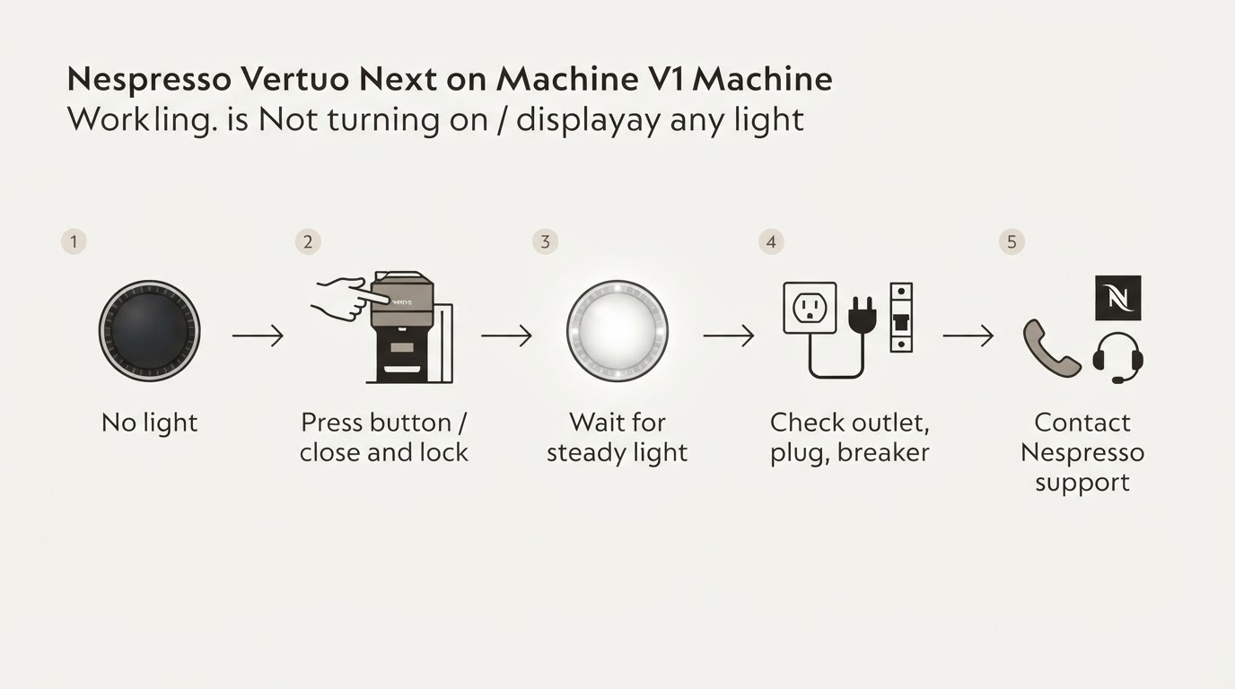Workflow diagram for nespresso vertuo next not turning on no light.