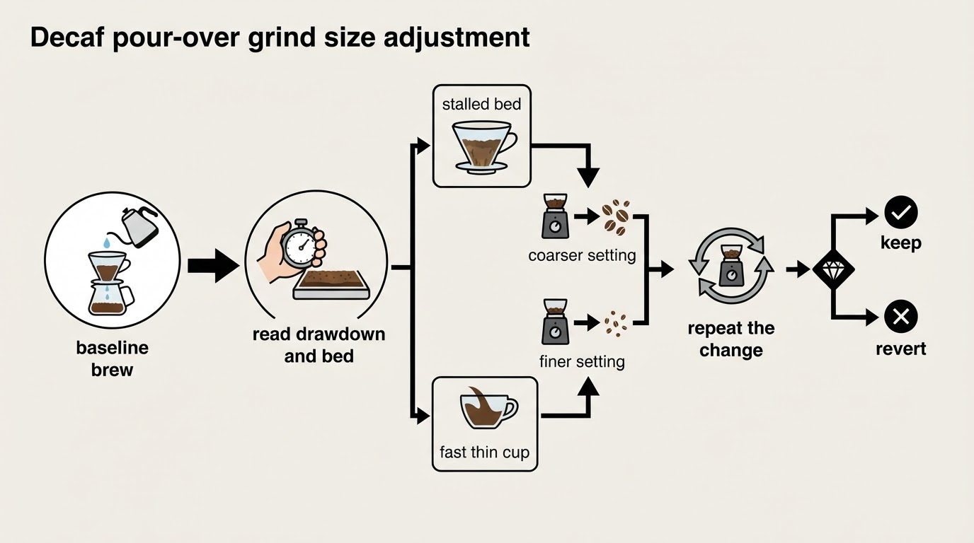 Workflow diagram for decaf pour over grind size.