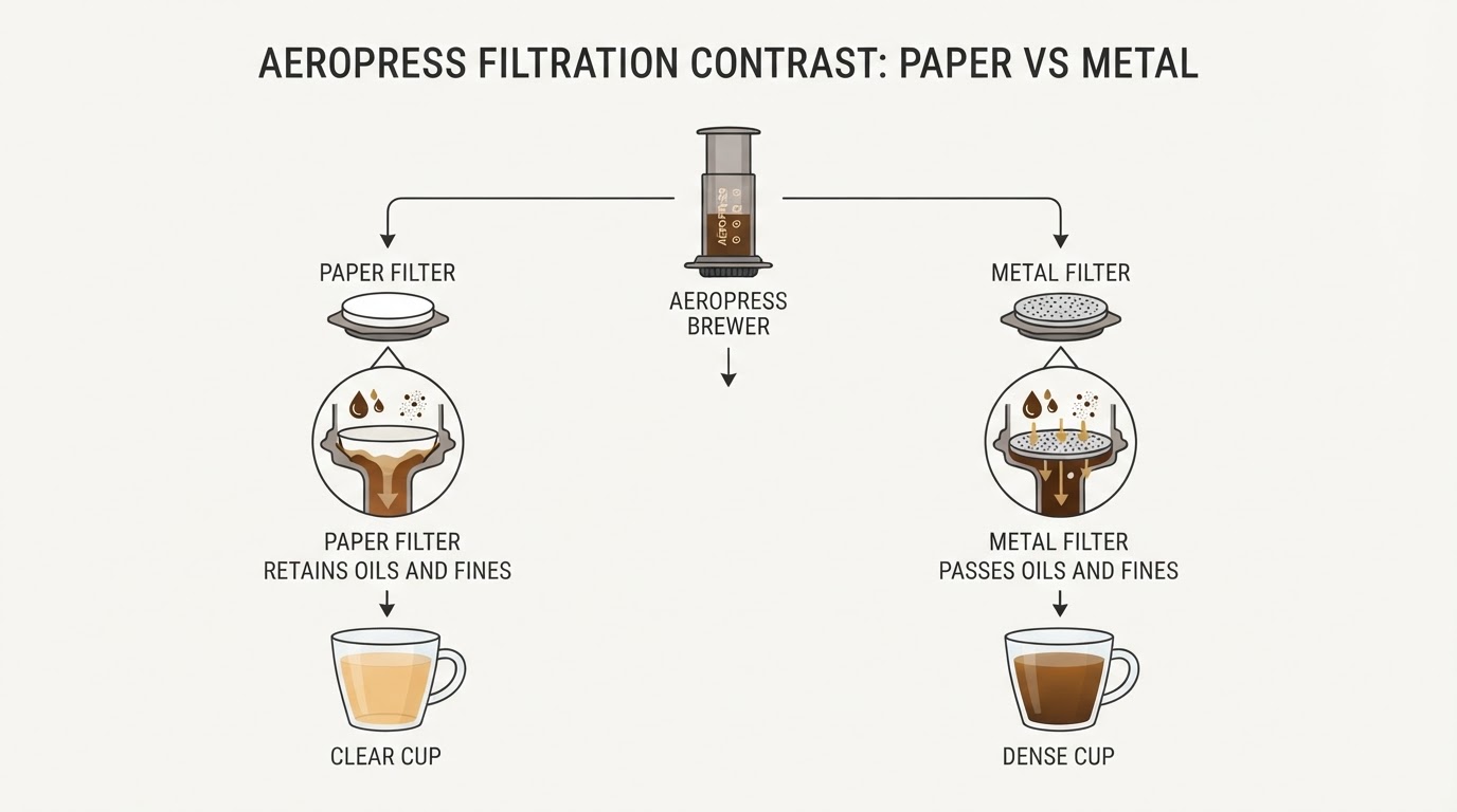 Workflow diagram for aeropress paper vs metal filter.