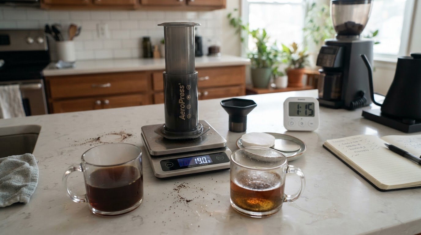 Editorial illustration for aeropress paper vs metal filter.