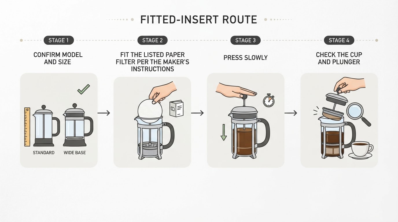 Step-by-step paper filter assembly for a French press.