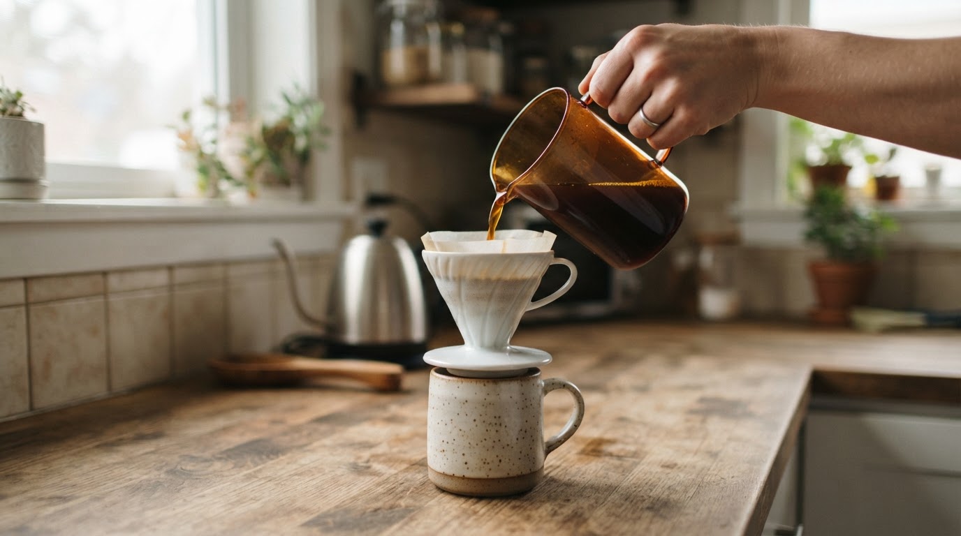 Decanted coffee poured through a paper filter in a dripper.
