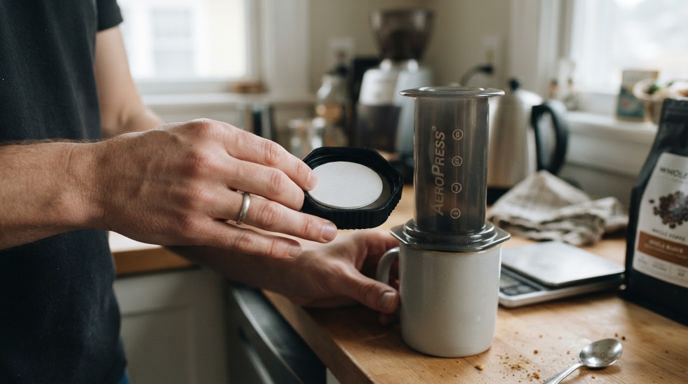 Editorial illustration for aeropress coffee leaking before pressing.