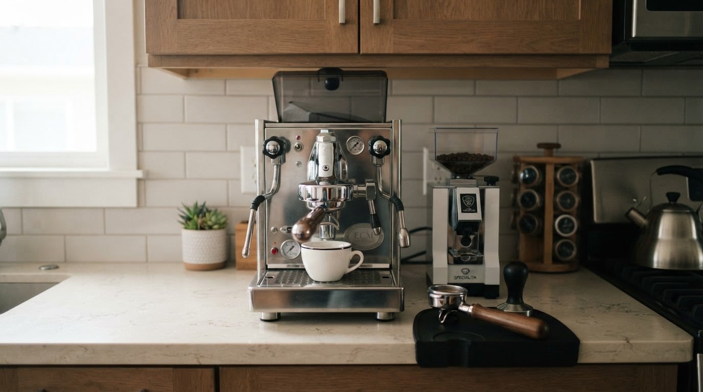 Editorial illustration for best espresso machine for home.