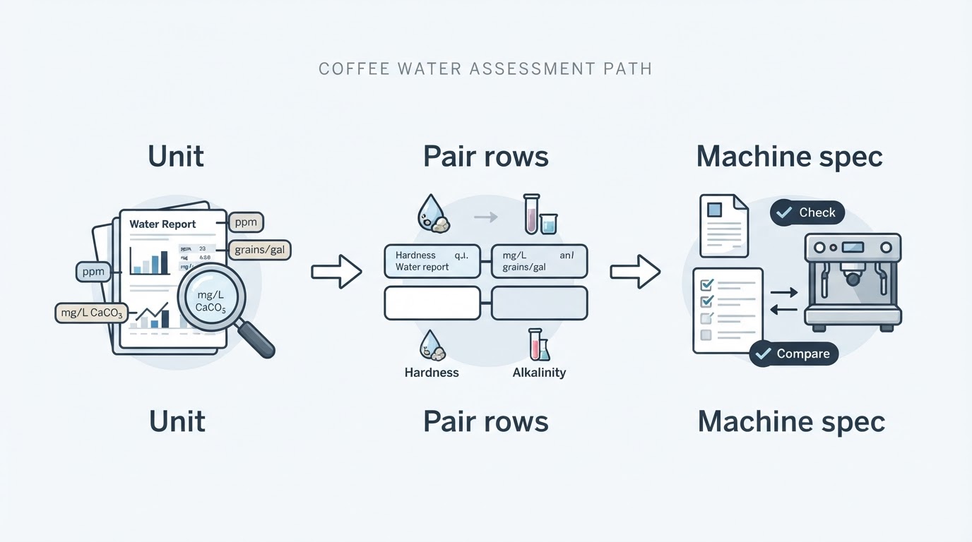 Workflow diagram for coffee water hardness vs alkalinity.