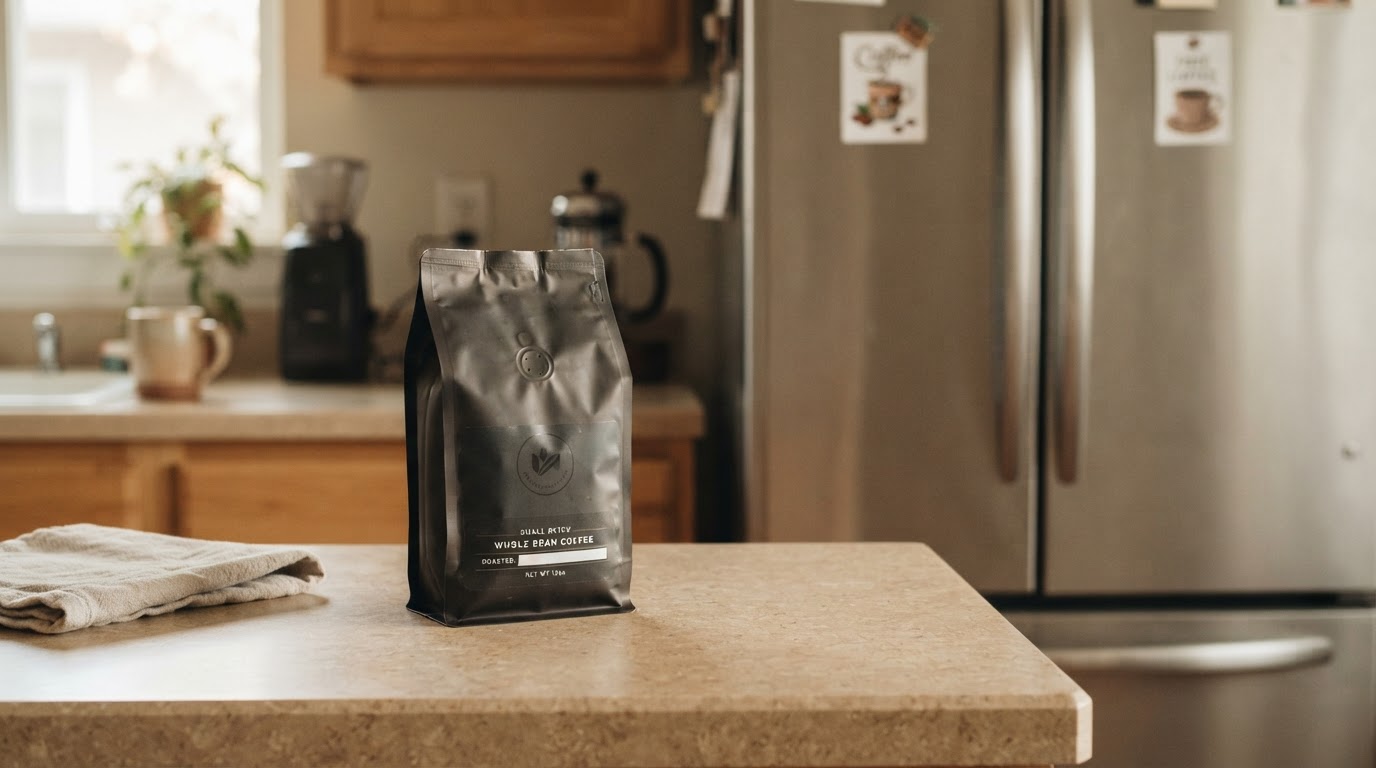 A sealed portion of coffee beans warming on a kitchen counter before opening.
