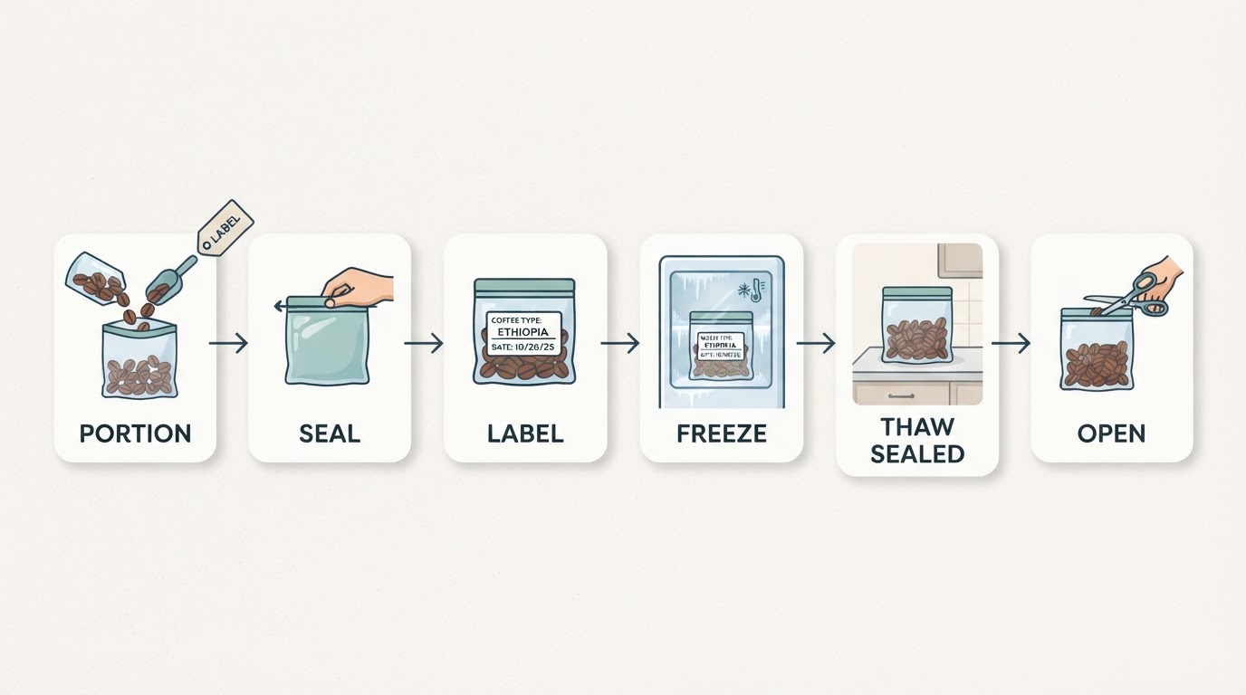Workflow diagram showing portion, seal, label, freeze, thaw sealed, and open.