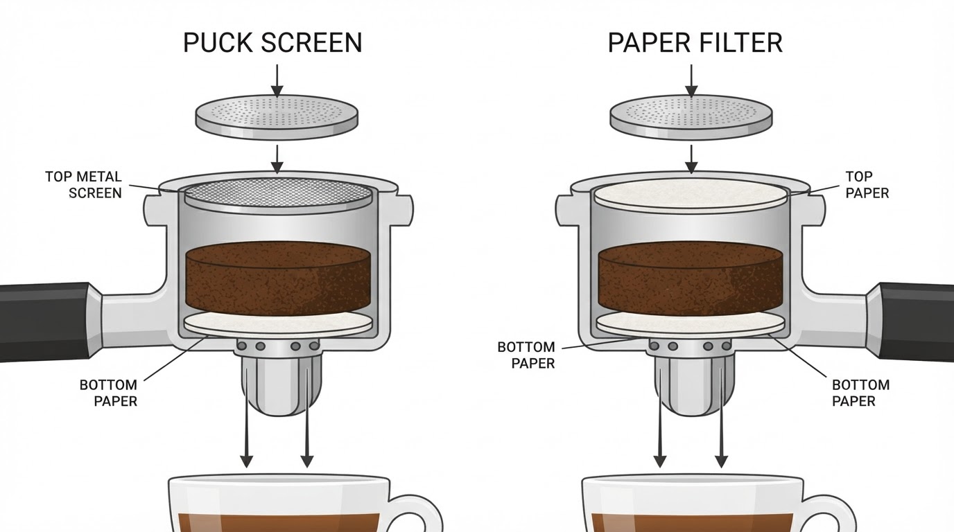 Workflow diagram for espresso puck screen vs paper filter.