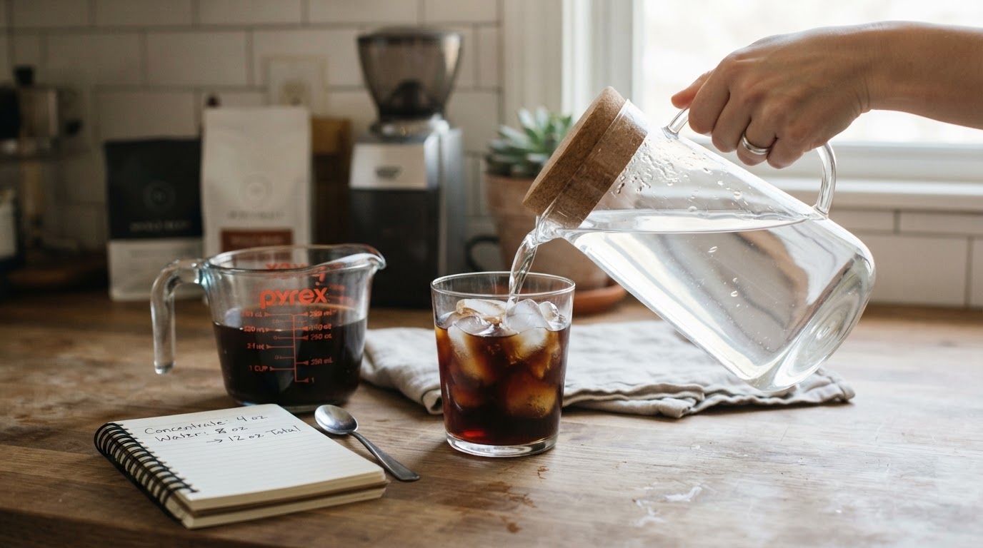 Editorial illustration for cold brew concentrate dilution ratio.