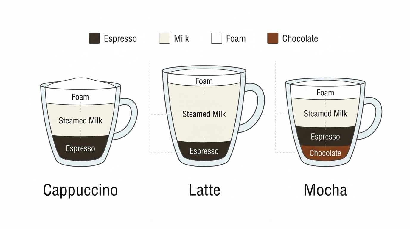 Workflow diagram for cappuccino vs latte vs mocha.
