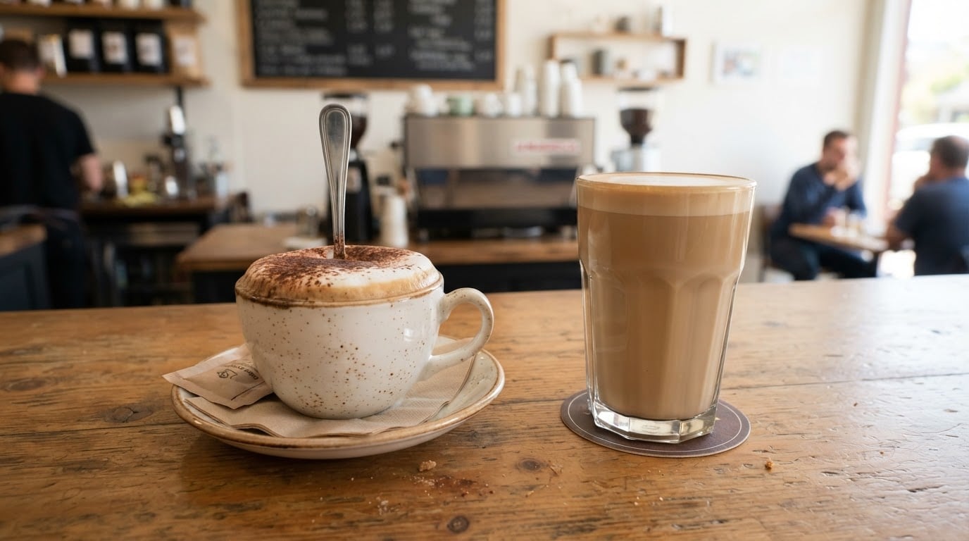 Editorial illustration for cappuccino vs latte vs mocha.
