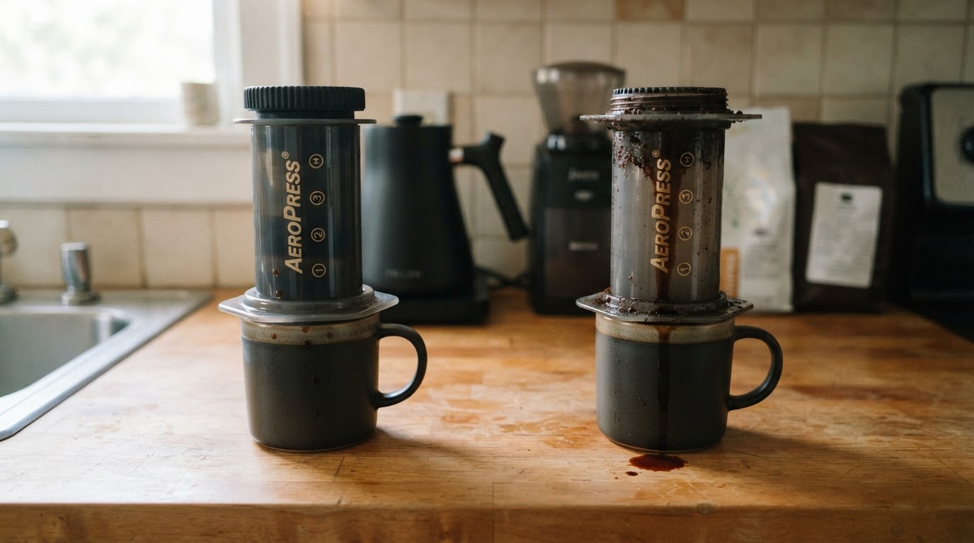 Editorial illustration for aeropress inverted method safety.