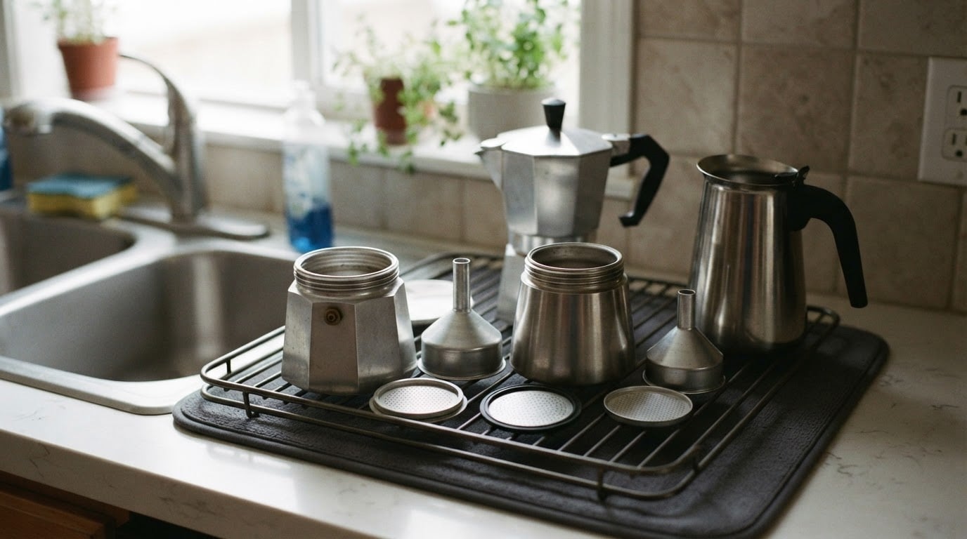 An aluminium Moka Express and a stainless-steel Venus, taken apart and drying on a rack beside a kitchen sink.