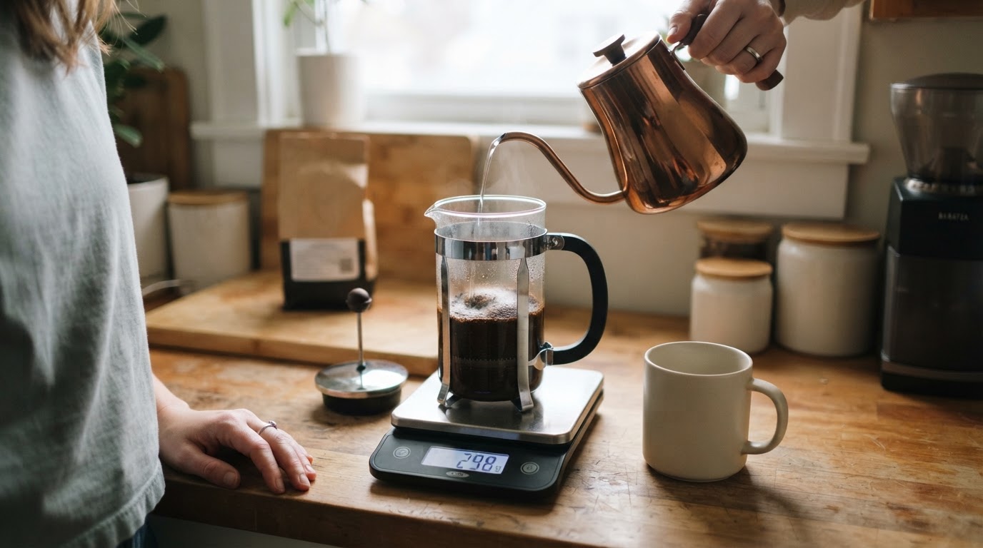 Editorial illustration for french press coffee ratio.