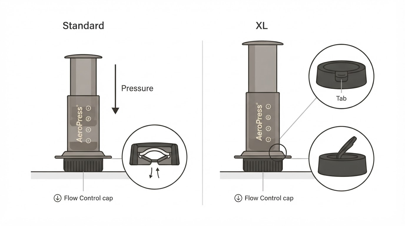 Workflow diagram for aeropress flow control cap original vs xl compatibility.